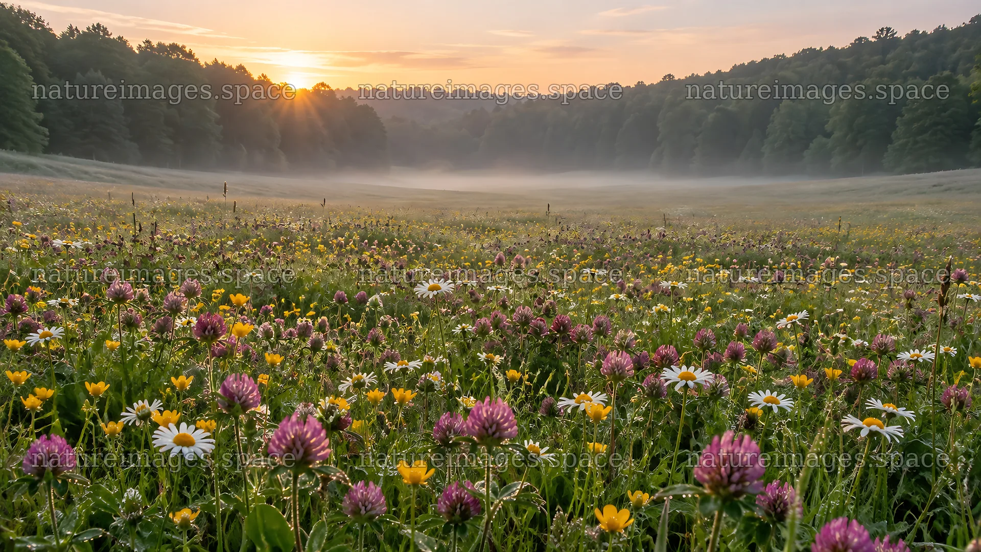 Wildflower Meadow in a Misty Woodland Clearing – nature images 10324x5812