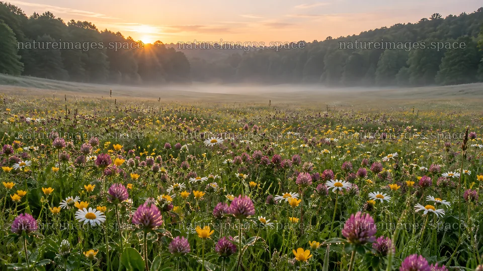 Wildflower Meadow in a Misty Woodland Clearing – nature images 10324x5812