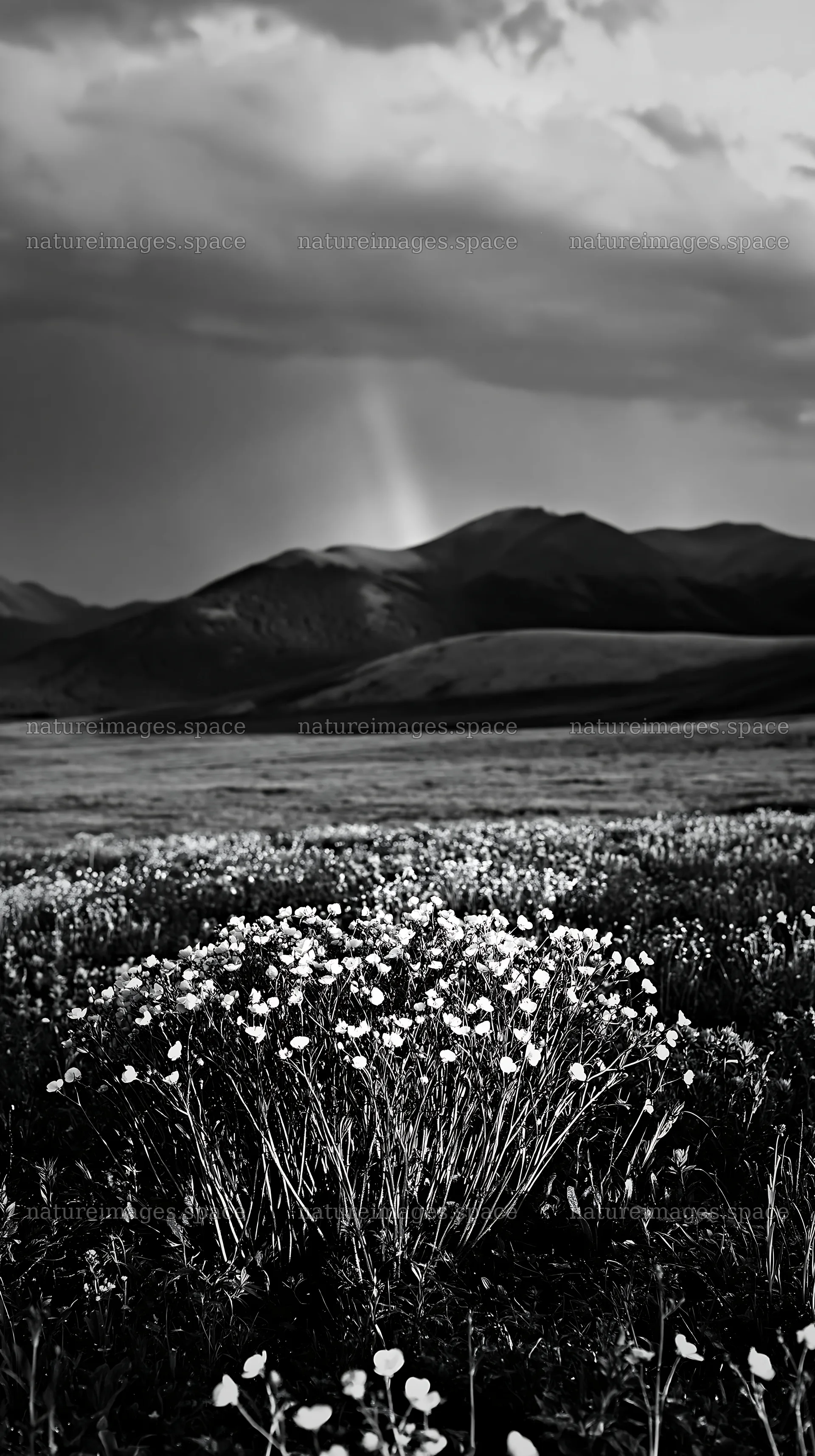 Colorful buttercup meadow with mountains and clouds – nature images 5938x10608