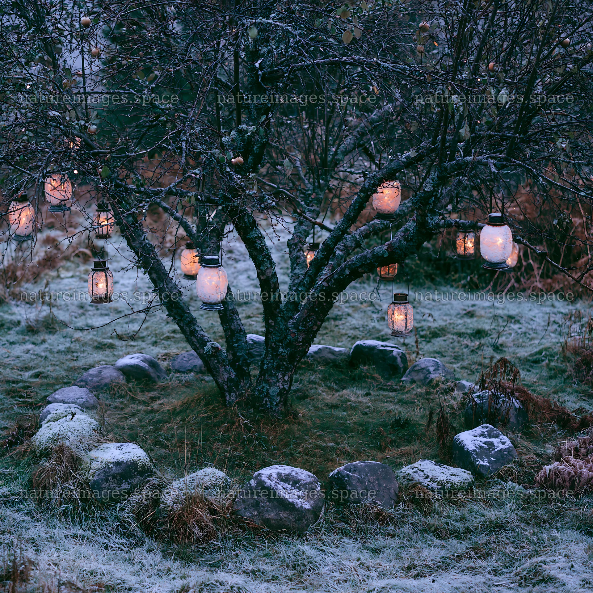 Frosted apple tree meadow with lanterns and stones in winter – nature images 7938x7938