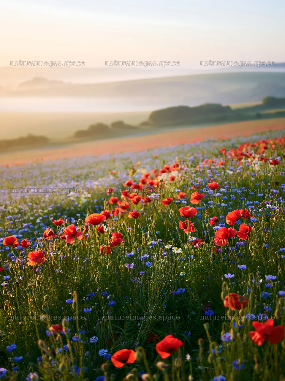 Colorful poppy meadow under morning sunlight – nature images 6866x9174