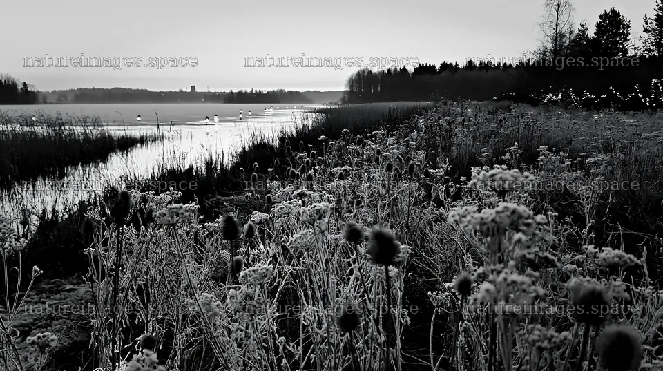 Frosty meadow with seedheads and lanterns on a winter evening – nature images 10608x5938