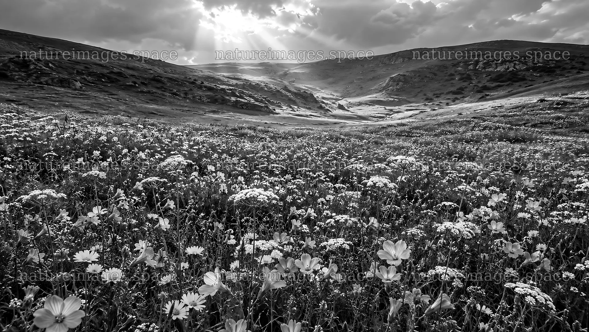 Sunbeams over a Flower-Filled Hill Meadow – nature images 10324x5812