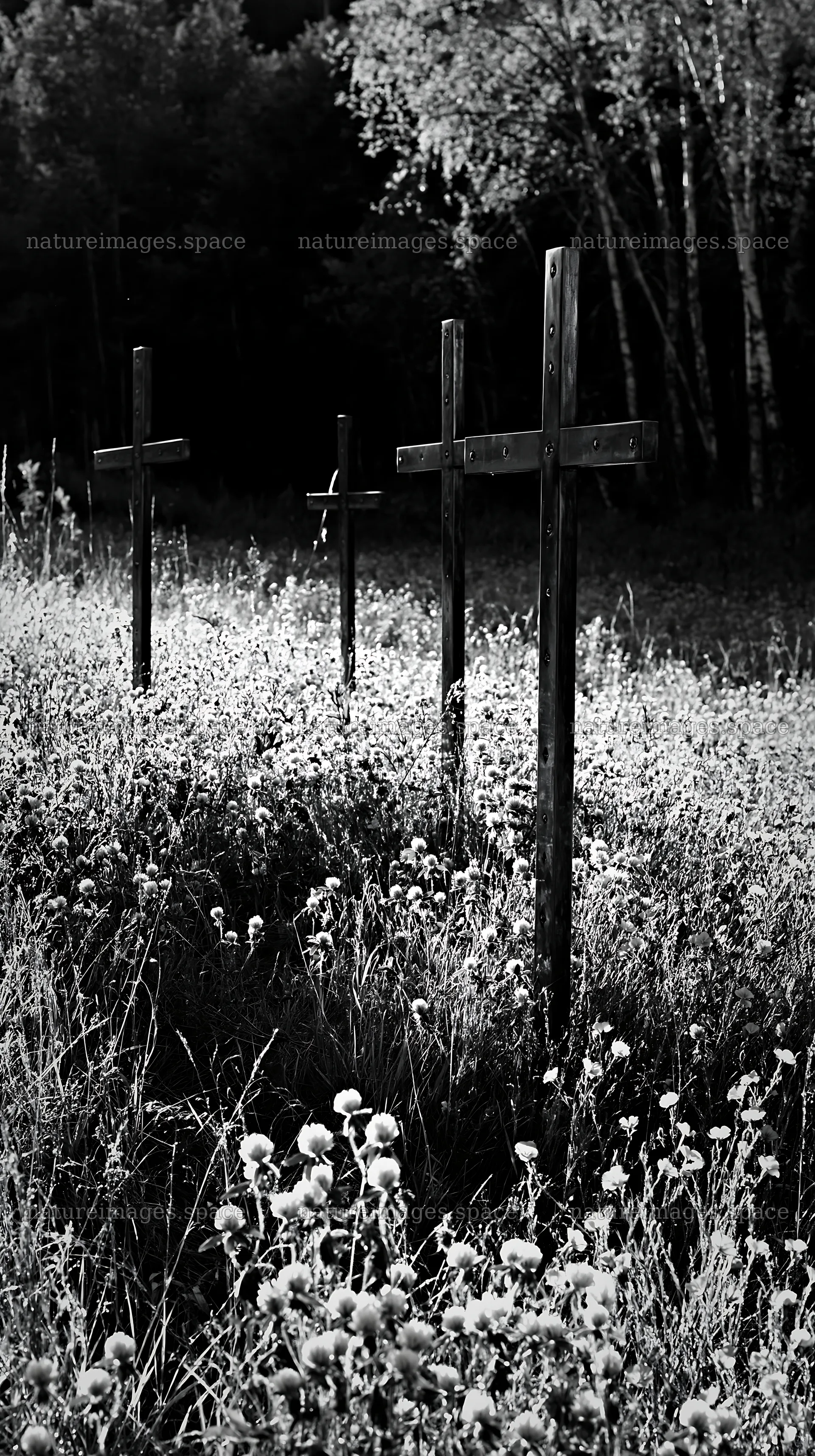 Christian crosses in a meadow with flowers and trees – nature images 5938x10608