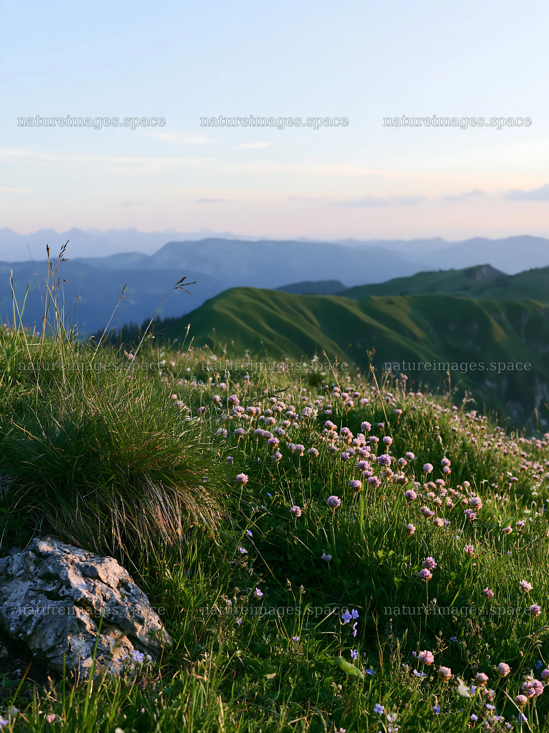 Clover speedwell meadow with mountains in the background – nature images 6866x9174