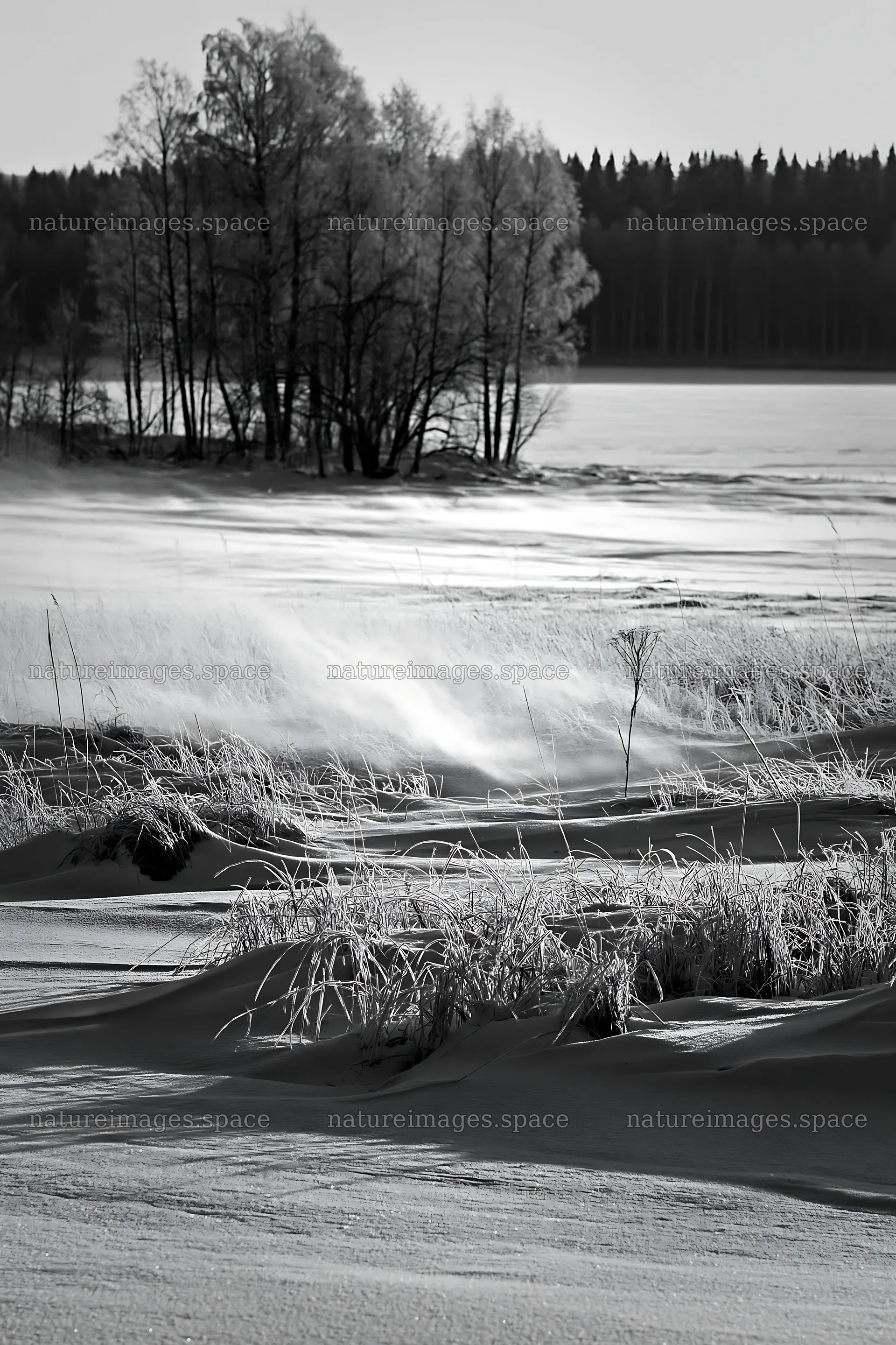 Snowy lakeside meadow with windblown grass and trees – nature images 6480x9722