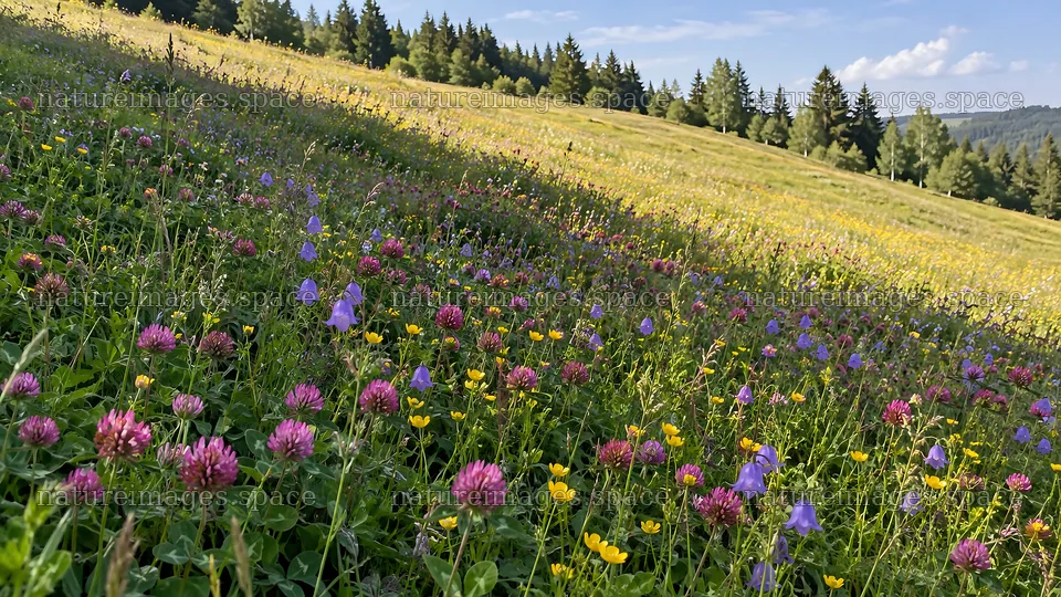 Wildflower Meadow Below a Sunlit Conifer Forest – nature images 10324x5812