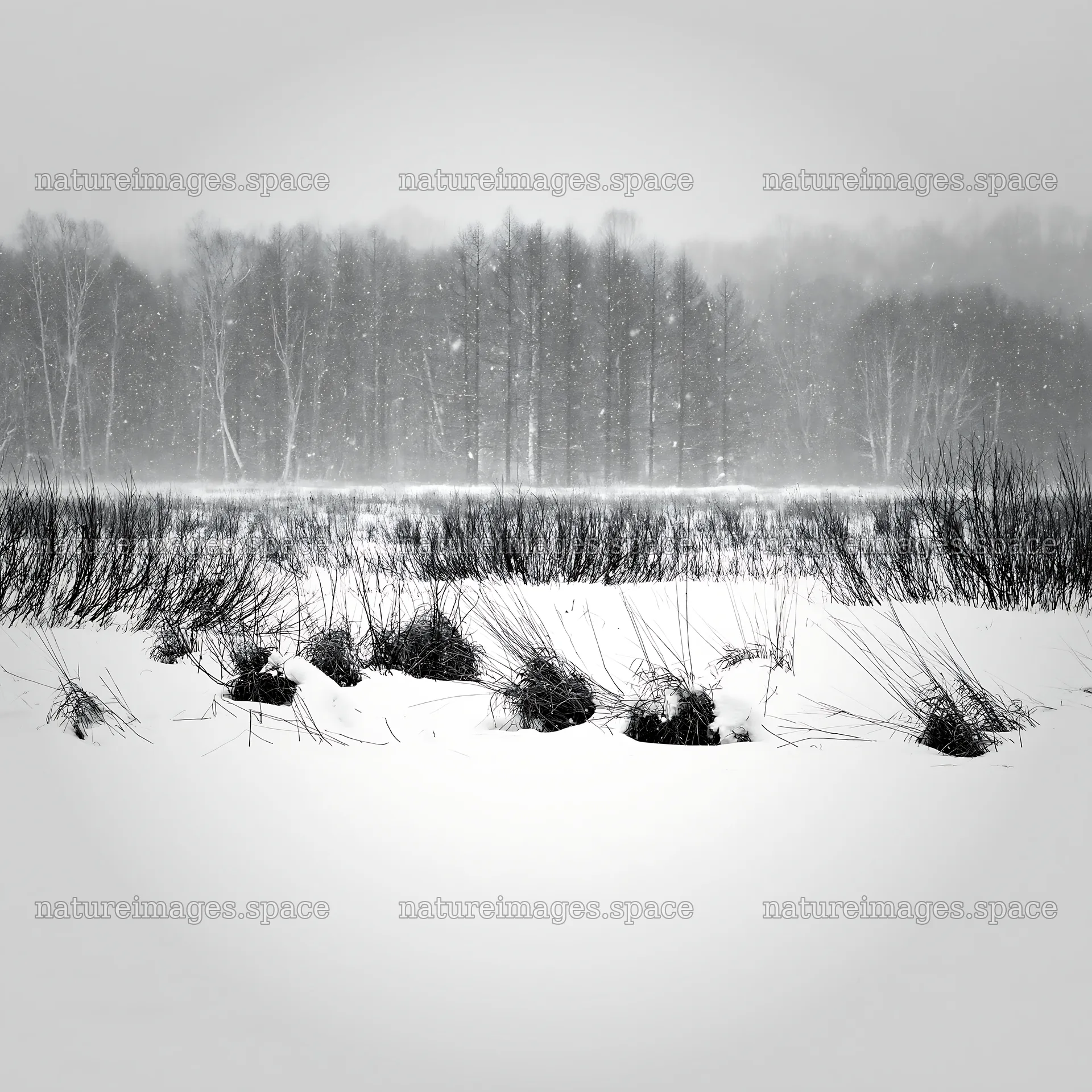Snowbound meadow with snow-covered grasses and trees – nature images 7938x7938