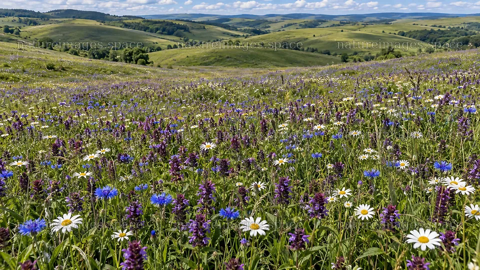 Wildflower Meadow Across Rolling Green Hills – nature images 10324x5812