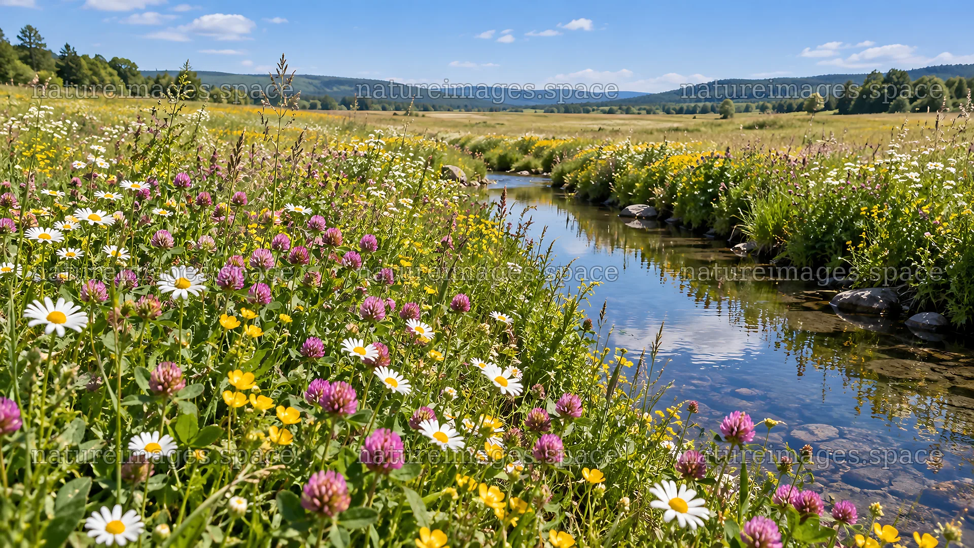 Wildflower Meadow Along a Clear Stream – nature images 10324x5812