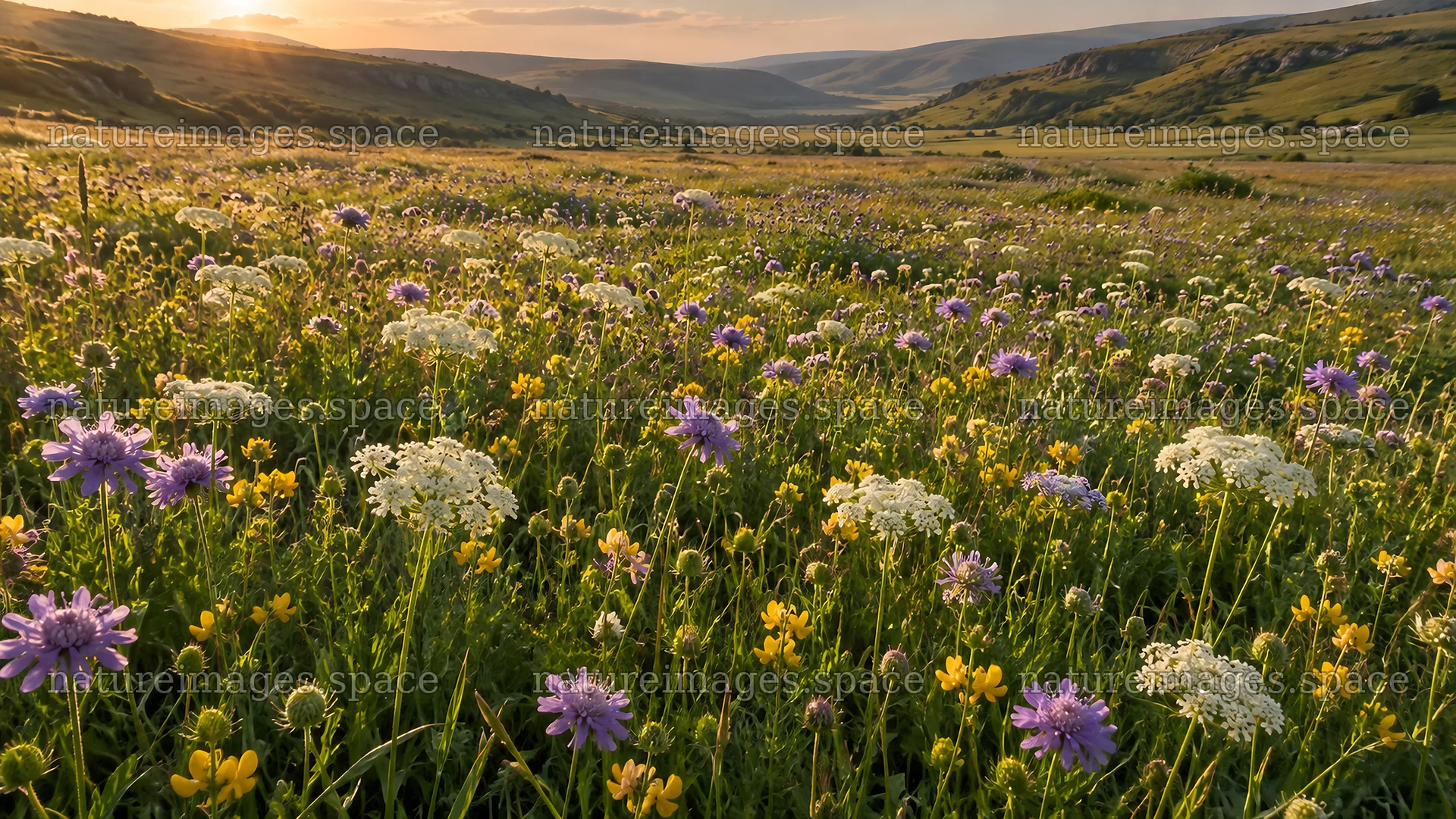 Colorful Wildflowers Across a Sunset Meadow – nature images 10324x5812