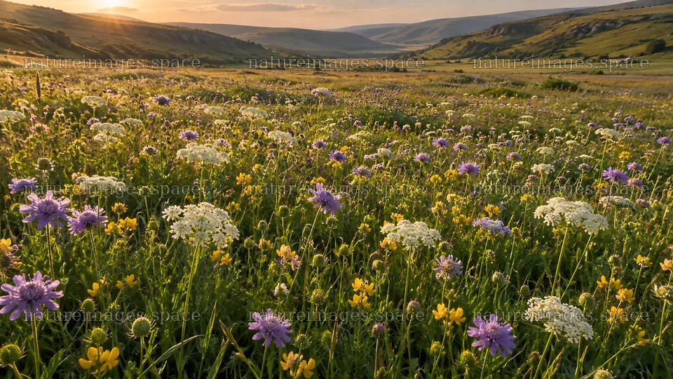 Colorful Wildflowers Across a Sunset Meadow – nature images 10324x5812