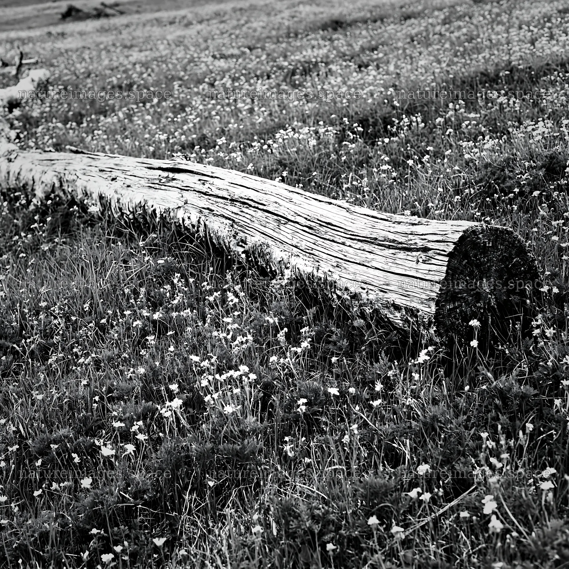 Weathered log meadow with yellow flowers and green grass – nature images 7938x7938
