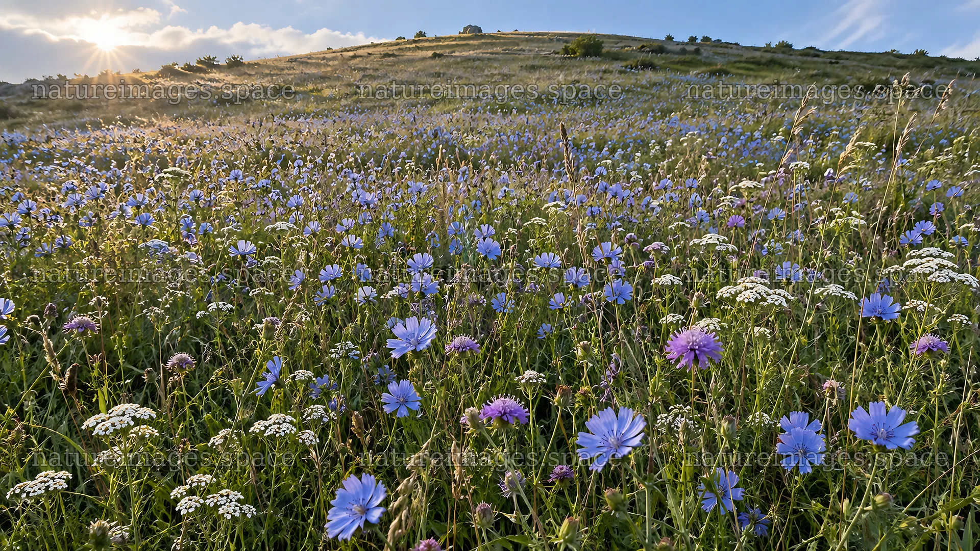 Wildflowers Covering a Sunlit Hillside – nature images 10324x5812