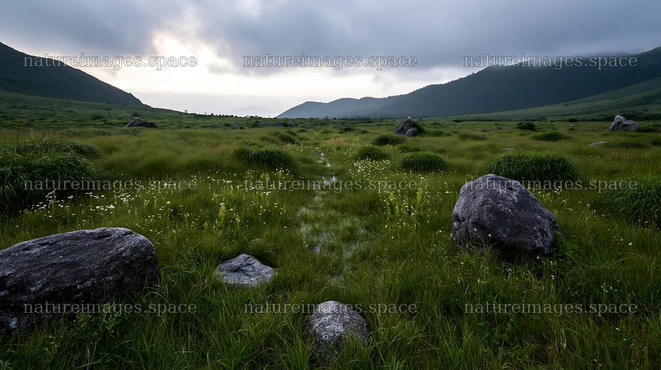 Oita highland meadow with granite stones in the landscape – nature images 10608x5938