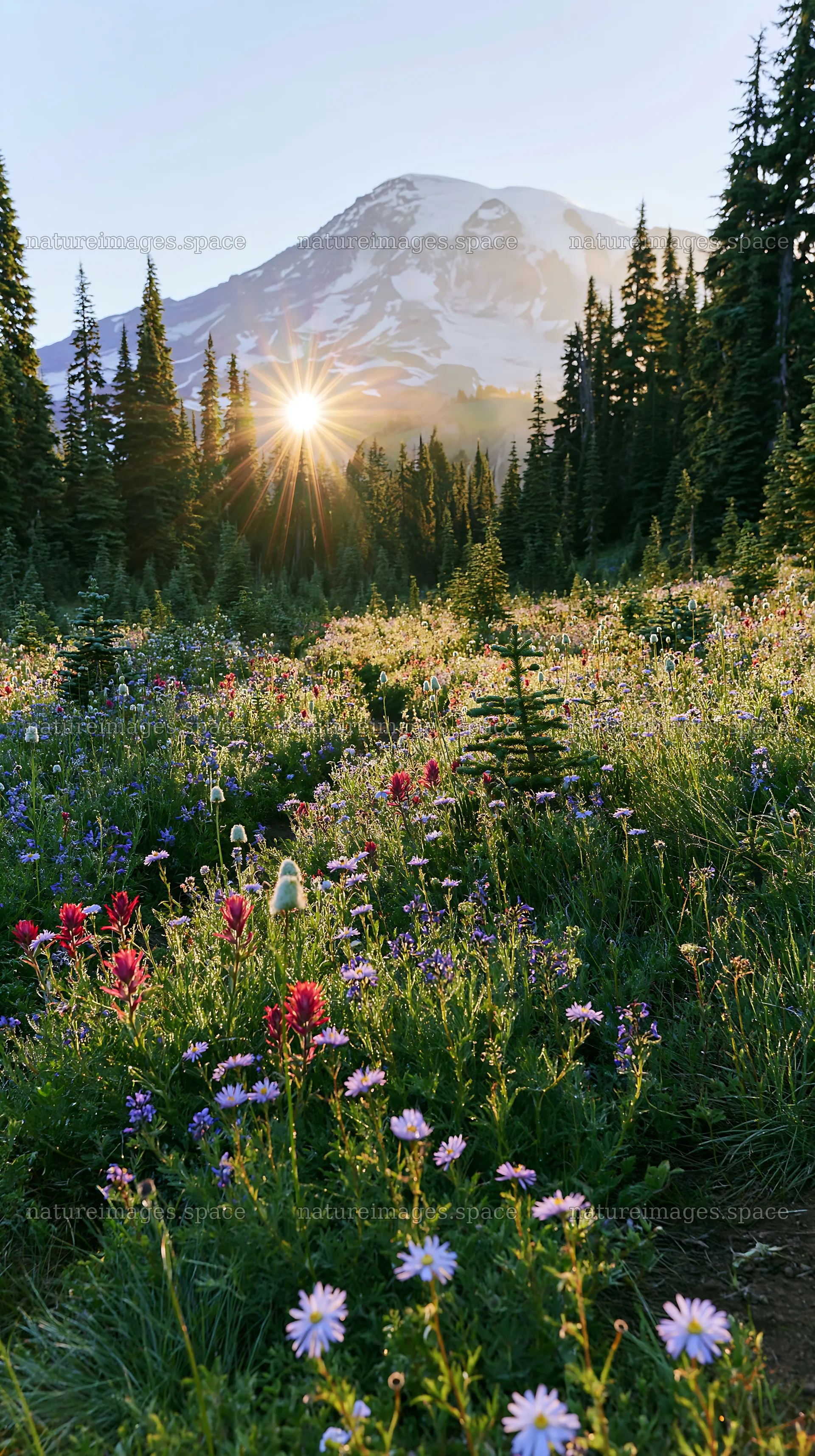 Mount Rainier wildflower meadow at sunrise – nature images 5938x10608