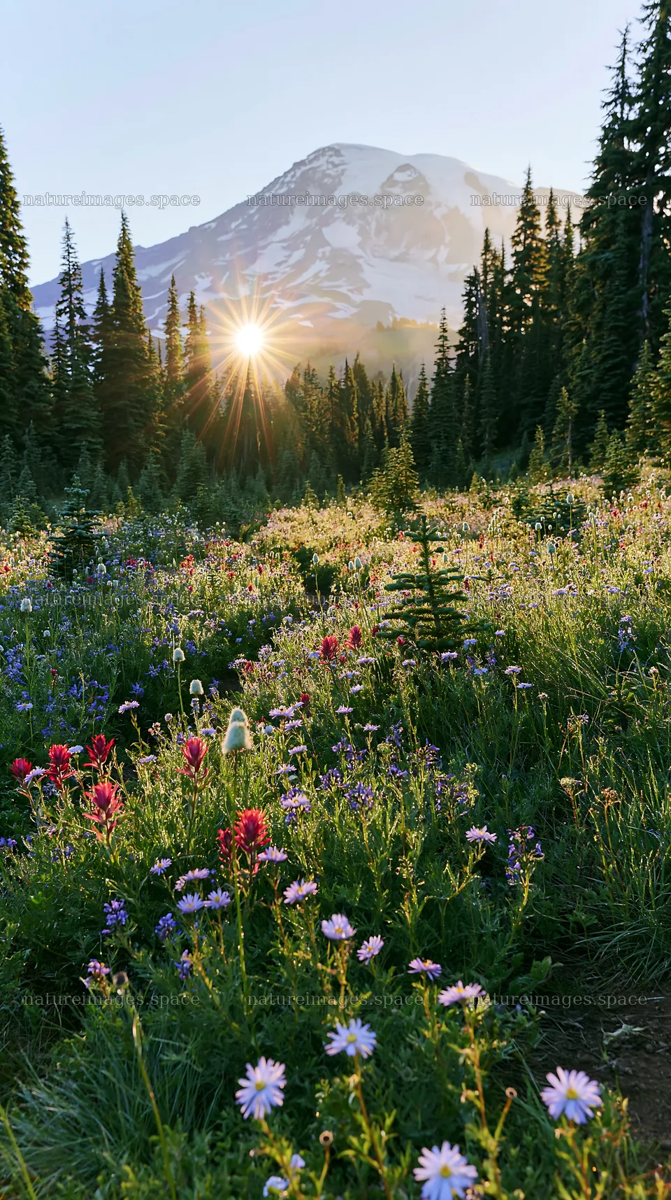 Mount Rainier wildflower meadow at sunrise – nature images 5938x10608