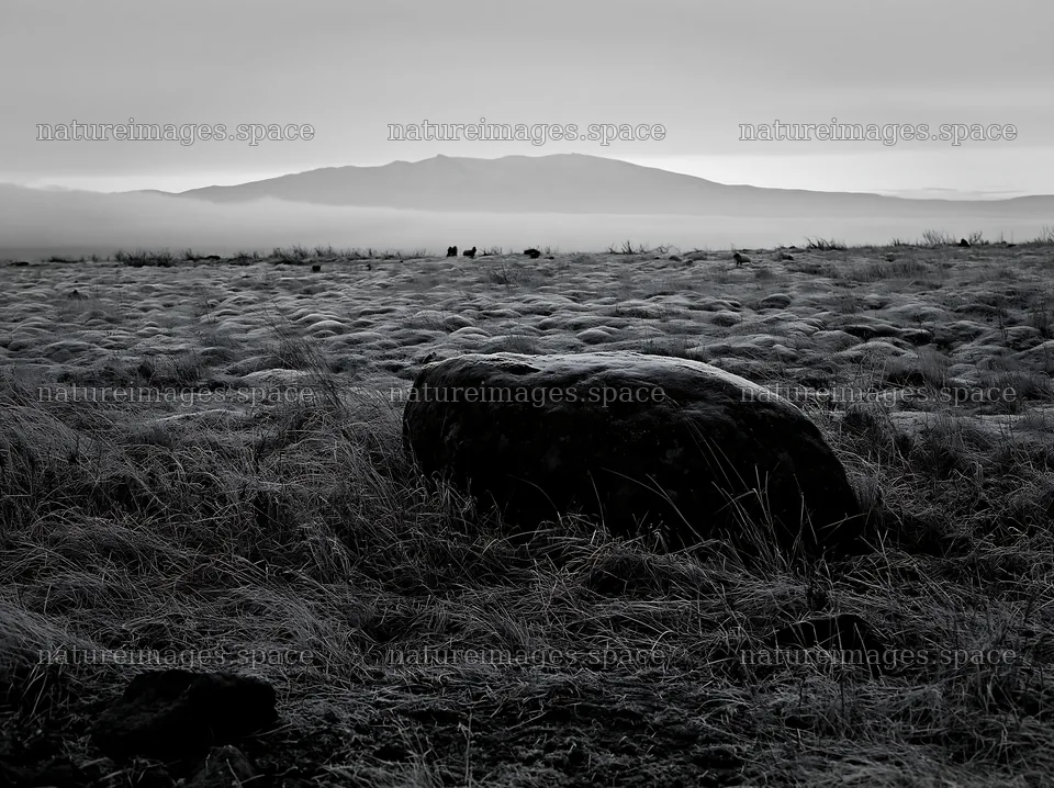 Aomori climate resilient meadow with boulder at sunrise – nature images 9174x6866