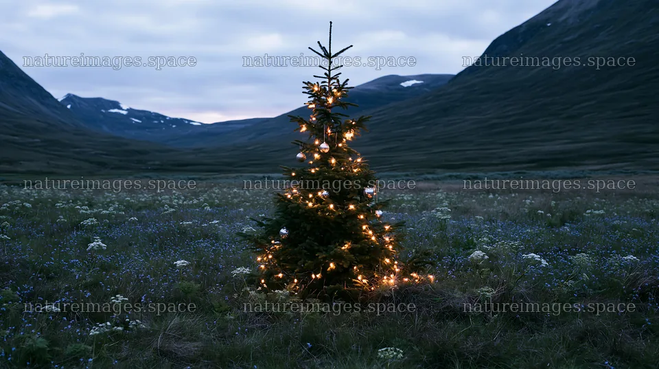 Christmas decorations beside tree in mountain valley meadow – nature images 10608x5938