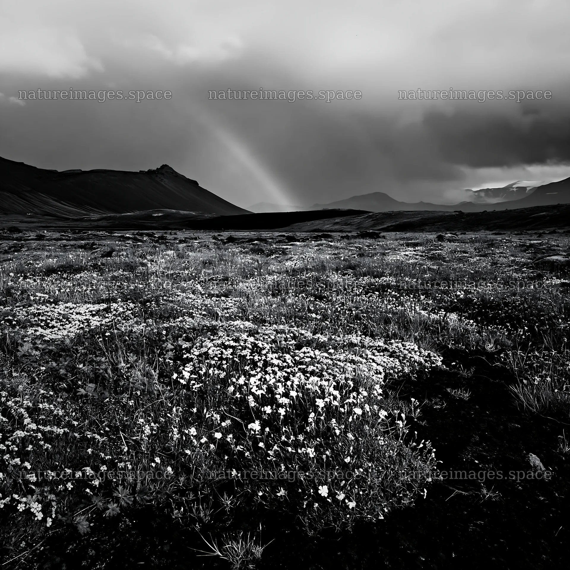 Mountain pass meadow with flowers and dark clouds – nature images 7938x7938