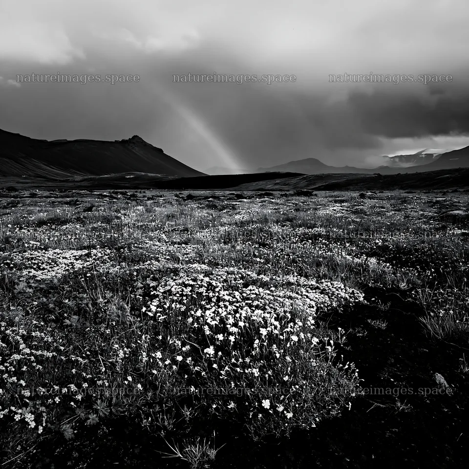 Mountain pass meadow with flowers and dark clouds – nature images 7938x7938