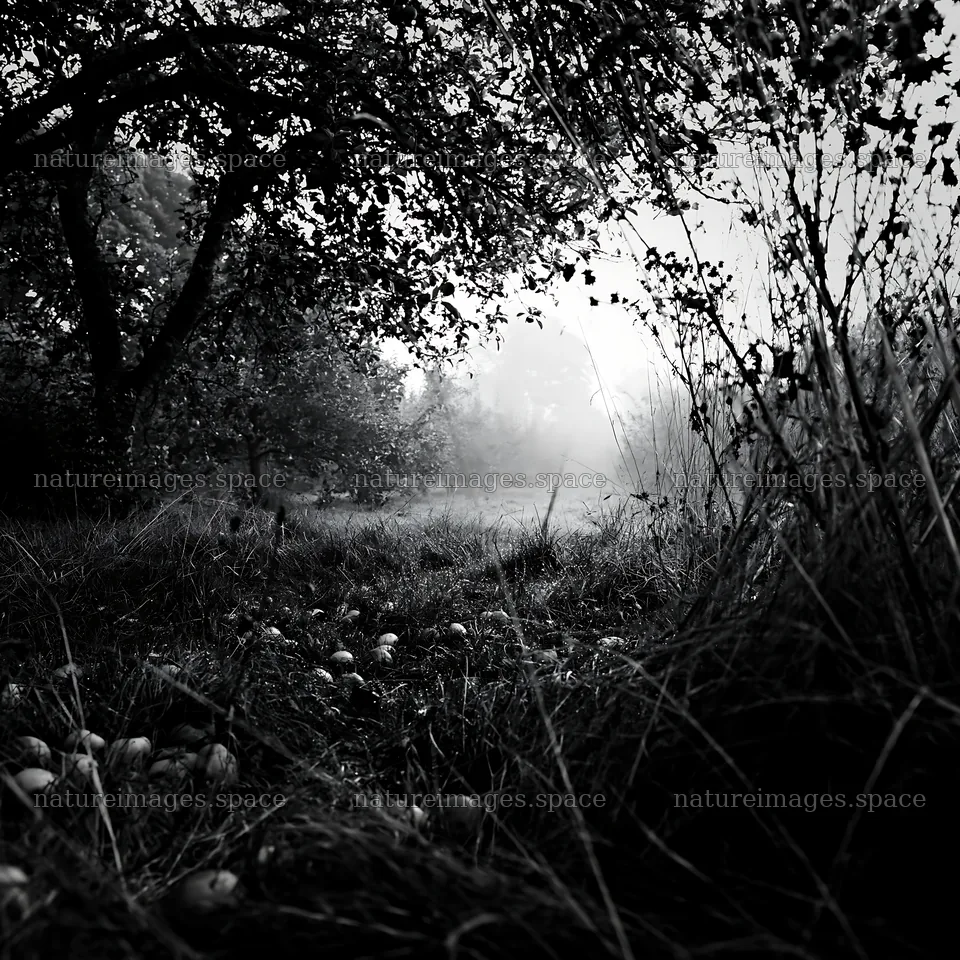 Moody orchard meadow during early morning fog – nature images 7938x7938