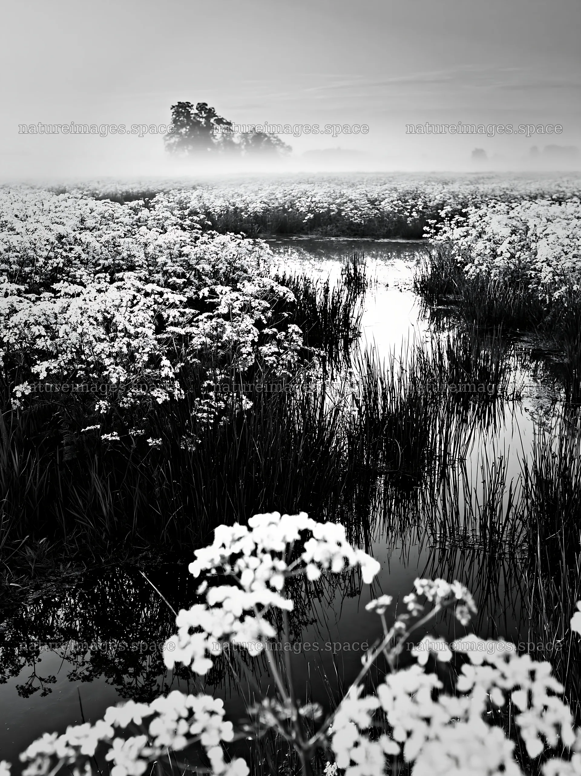 Cow parsley meadow with water reflection and mist in the morning – nature images 6866x9174