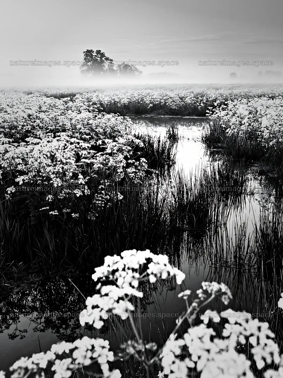 Cow parsley meadow with water reflection and mist in the morning – nature images 6866x9174