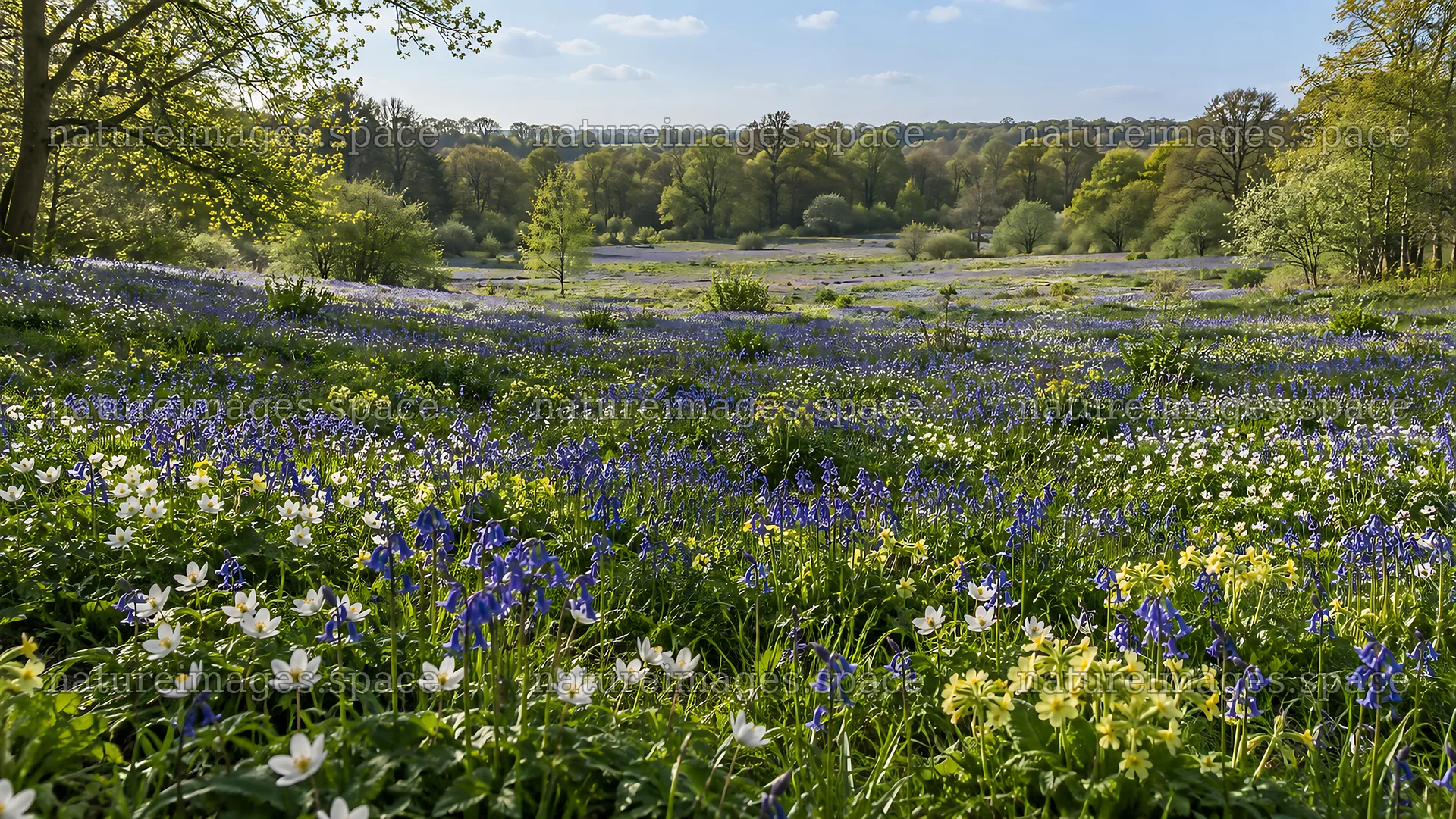 Spring Bulbs in a Sunlit Woodland Meadow – nature images 10324x5812