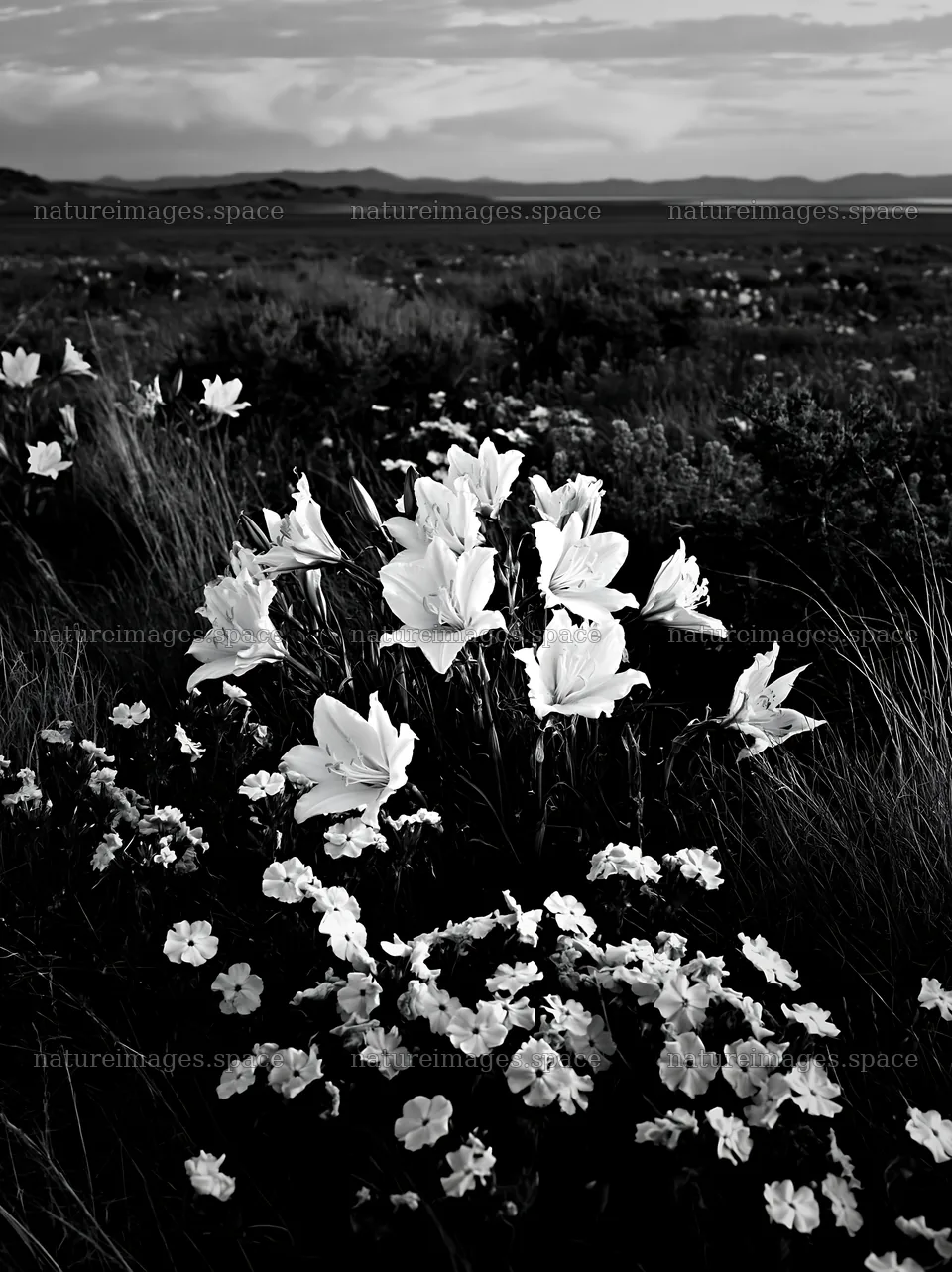Sagebrush meadow with wildflowers in black and white – nature images 6866x9174