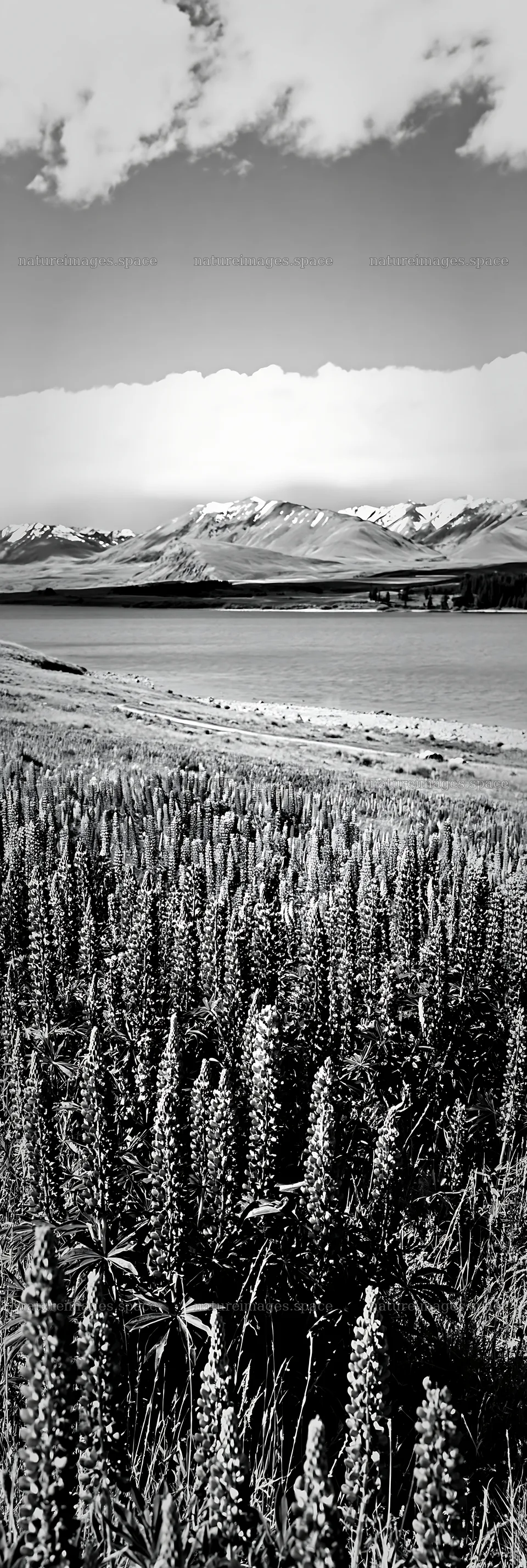 Lake Tekapo meadow snowy alps with purple flowers – nature images 4602x13690