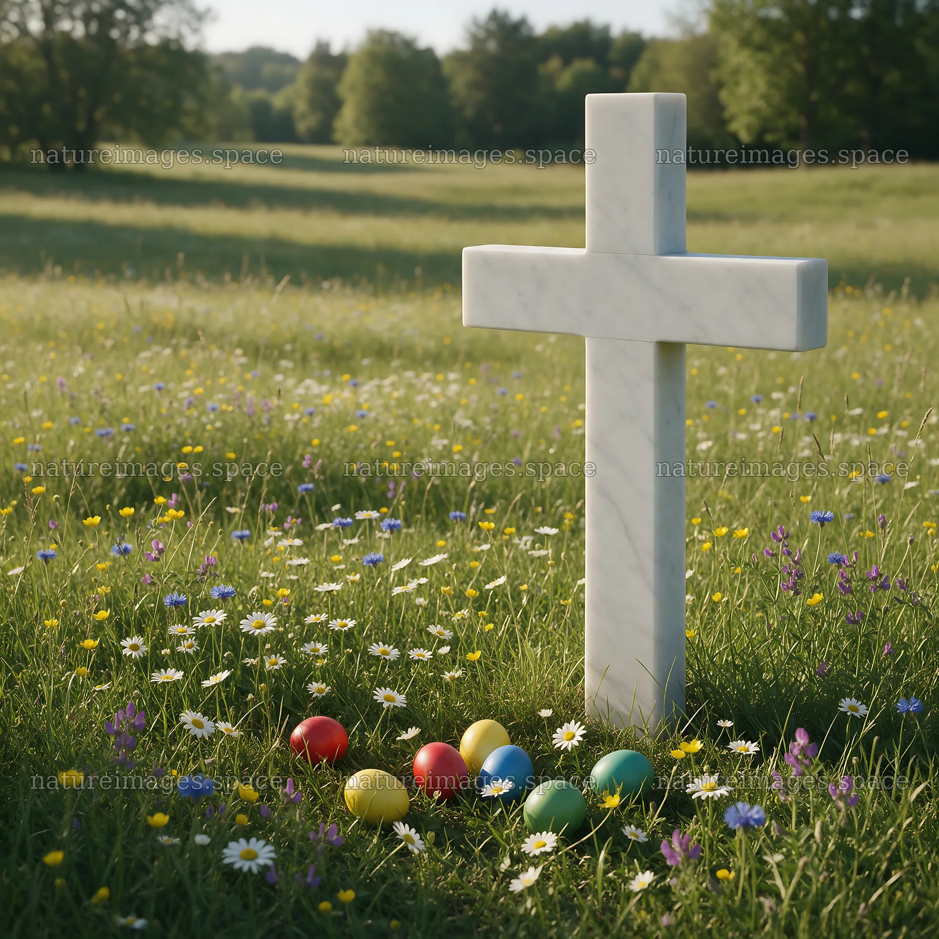 Marble Christian cross in a meadow with colored eggs – nature images 7938x7938