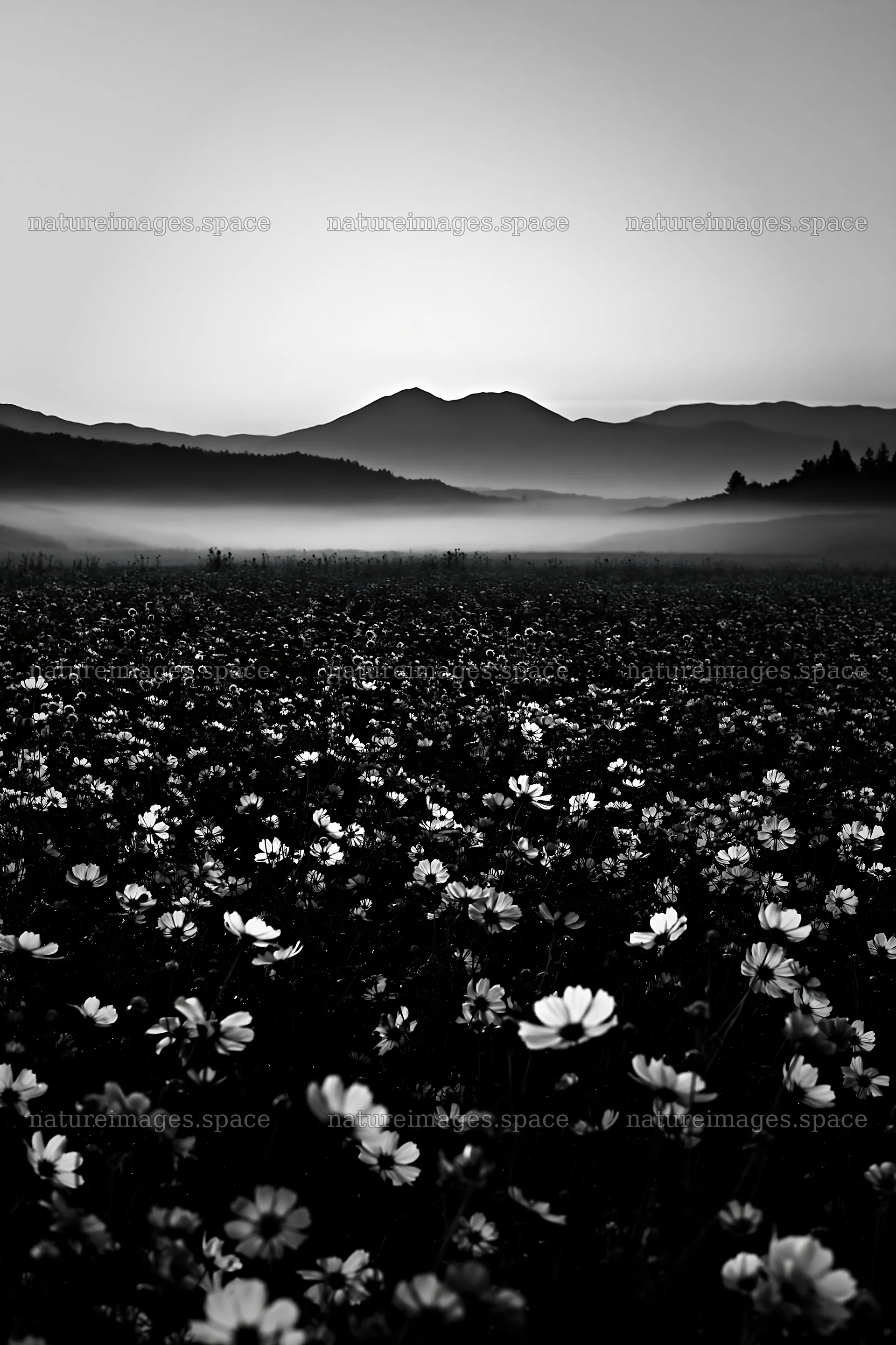 Colorful cosmos meadow with misty mountains at sunset – nature images 6480x9722