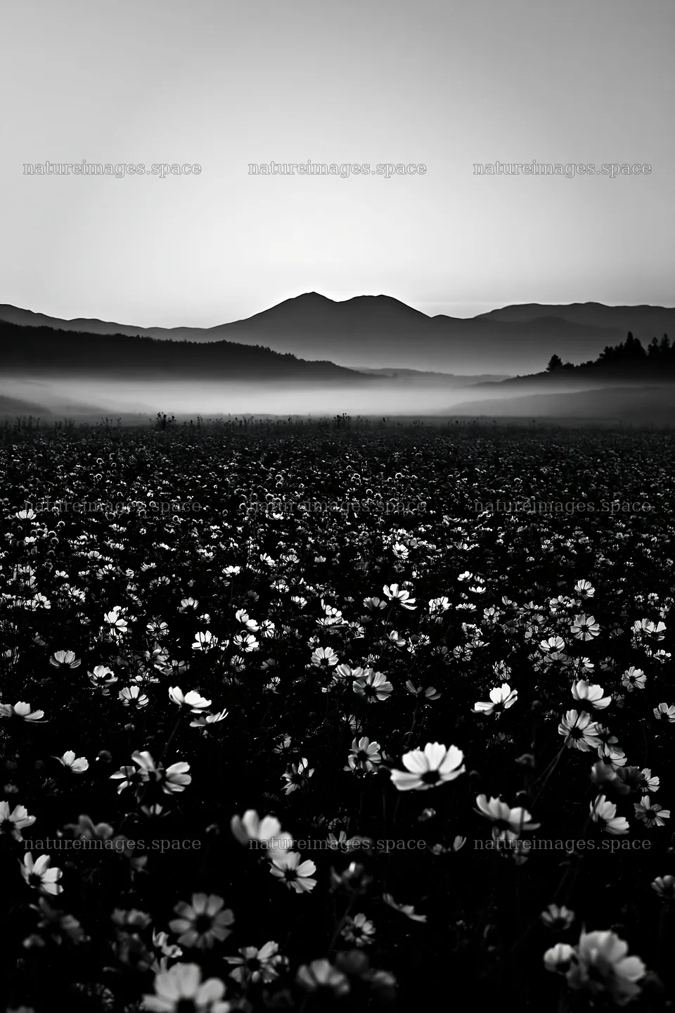 Colorful cosmos meadow with misty mountains at sunset – nature images 6480x9722