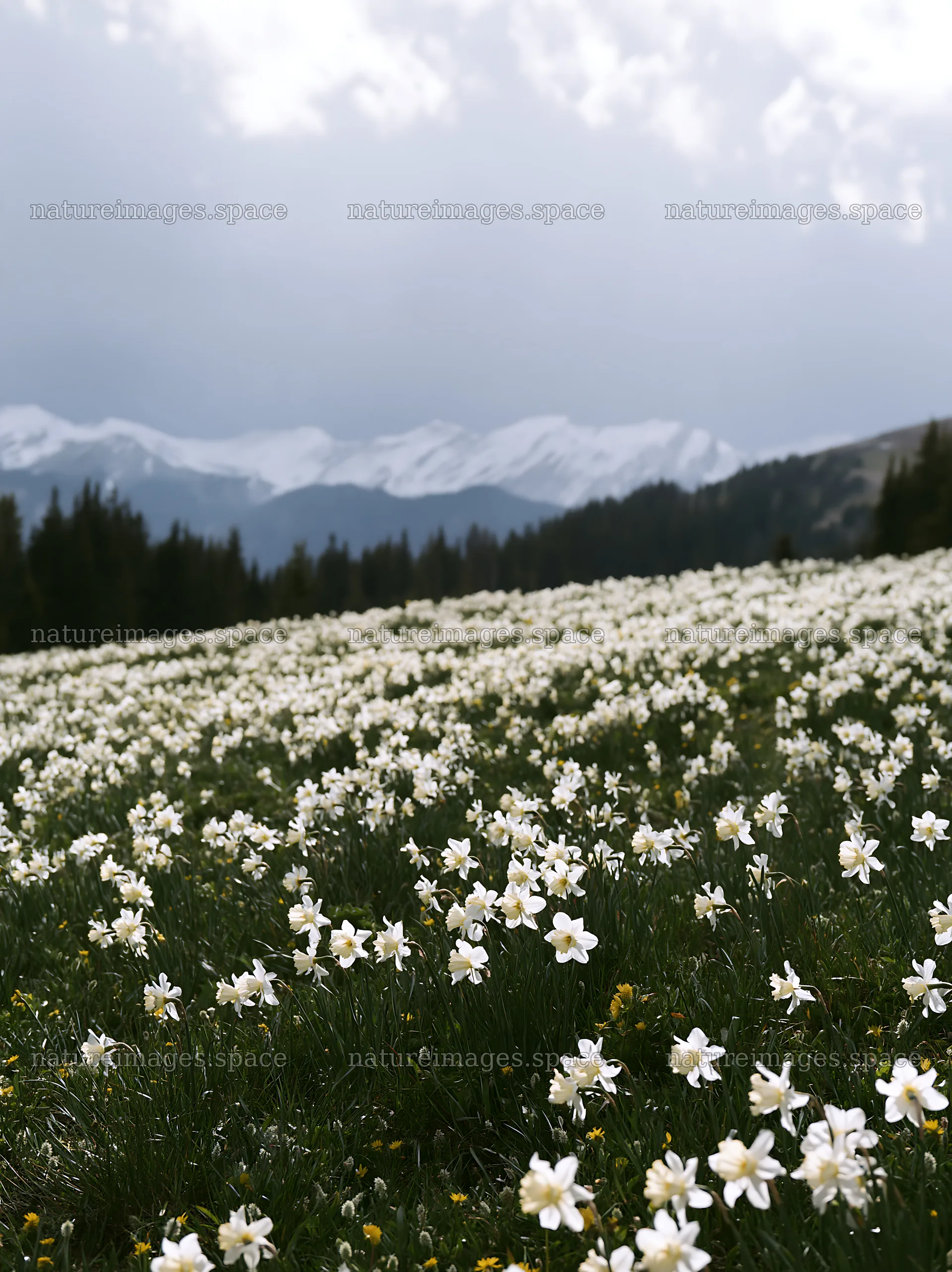 White flowers in meadow with mountains in background – nature images 6866x9174