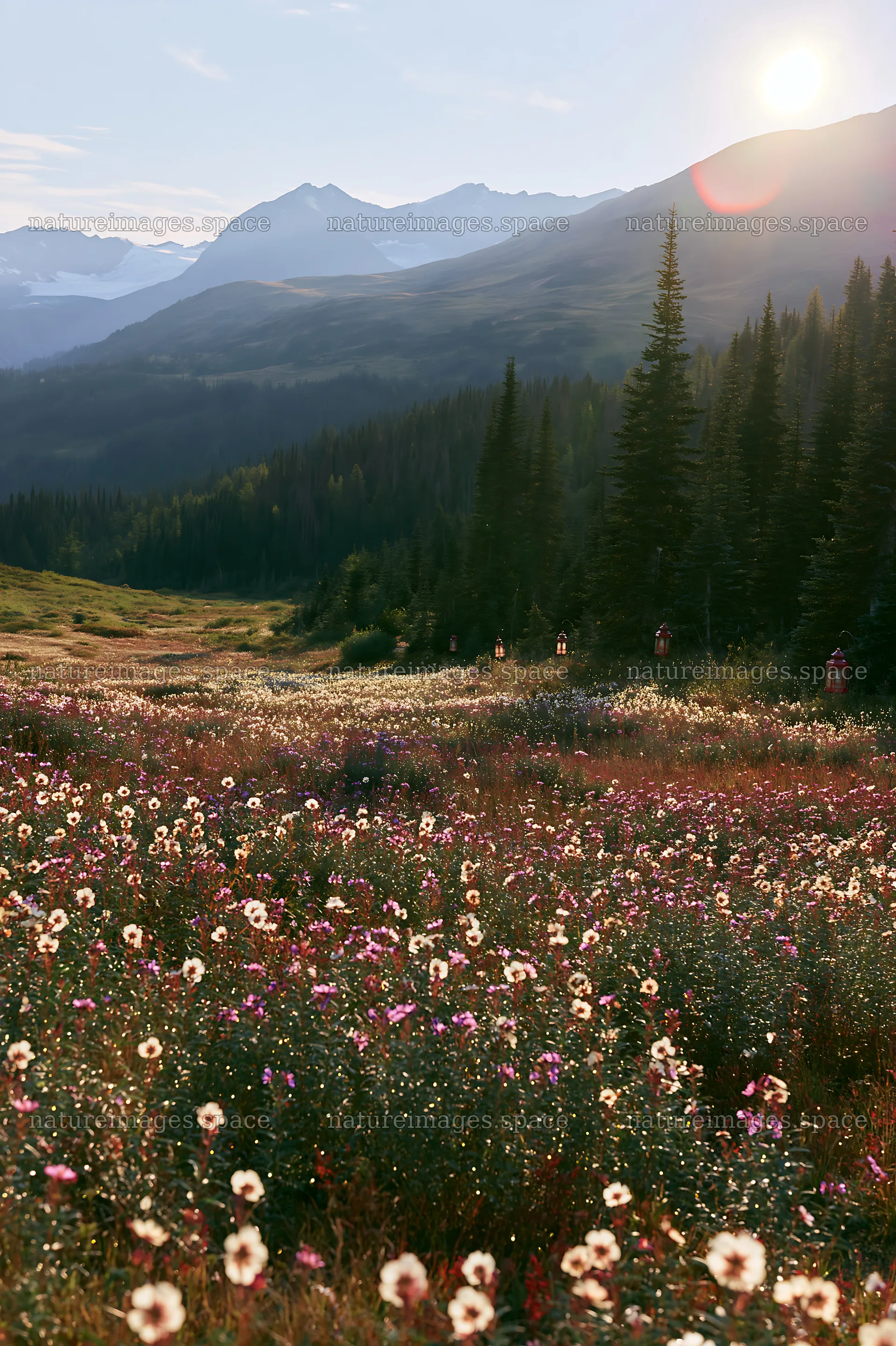 Christmas lights across mountain valley meadow – nature images 6480x9722