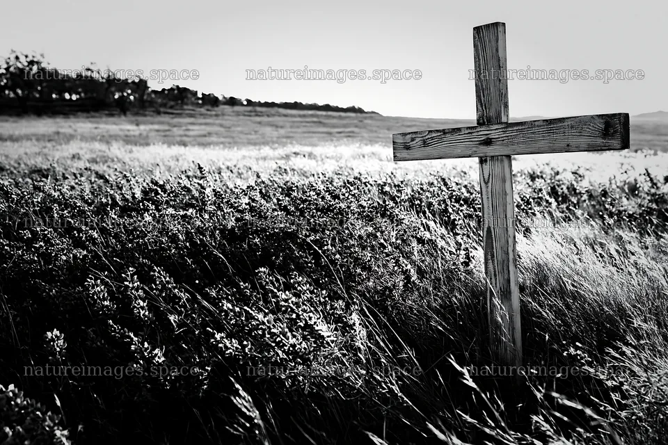 White Christian cross in a remote meadow landscape – nature images 9722x6480