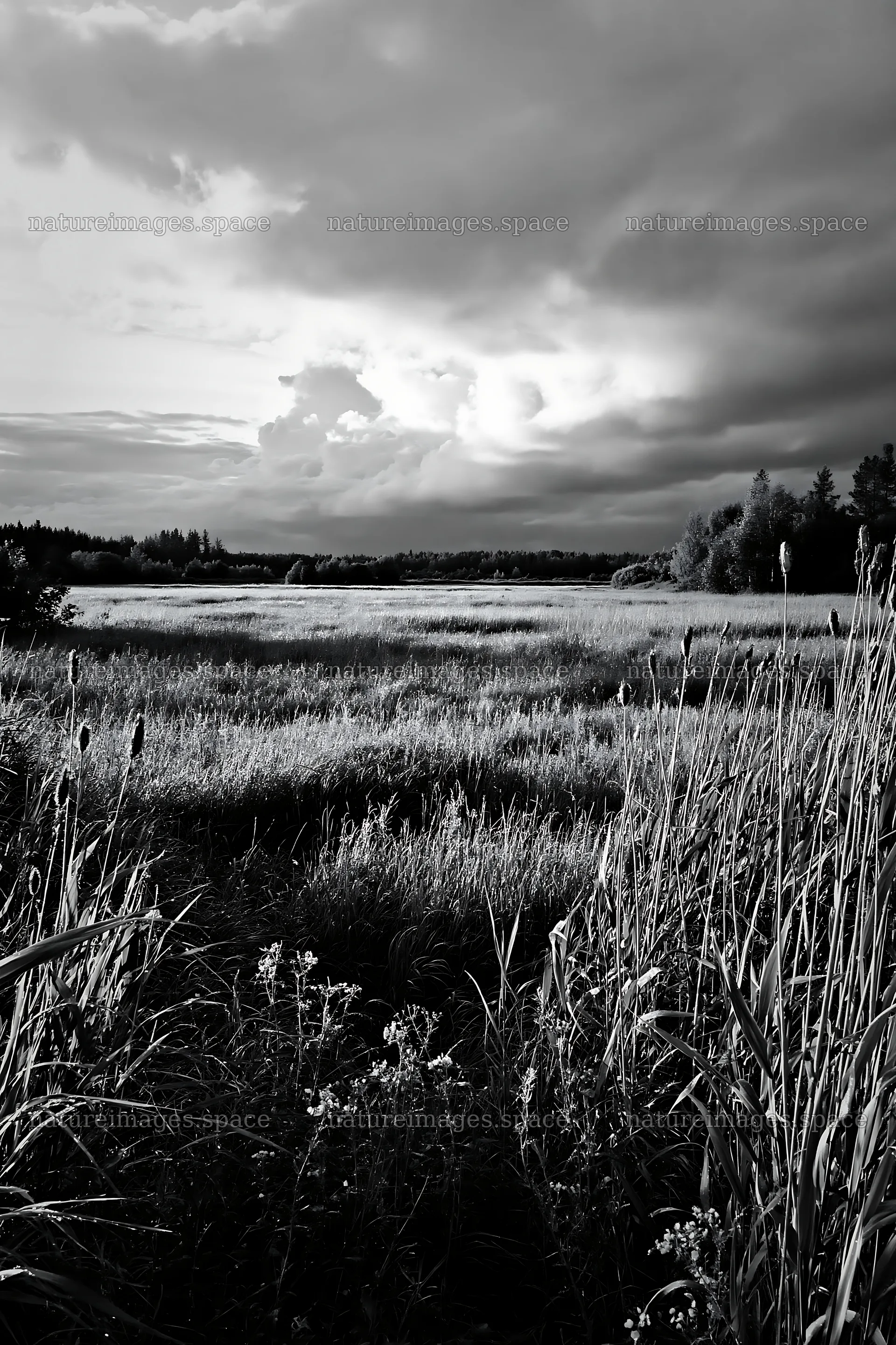 Saga floodplain meadow with reed foreground and cloudy sky – nature images 6480x9722