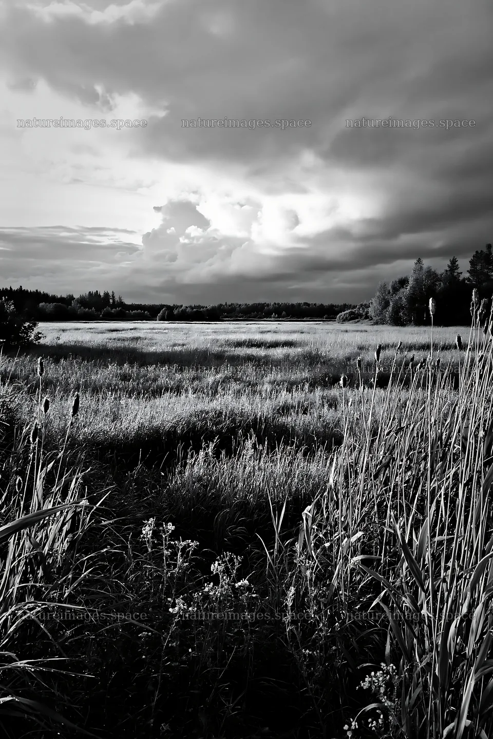 Saga floodplain meadow with reed foreground and cloudy sky – nature images 6480x9722