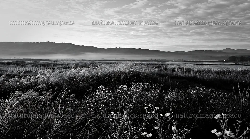 Niigata floodplain restoration meadow dew foreground – nature images 10608x5938