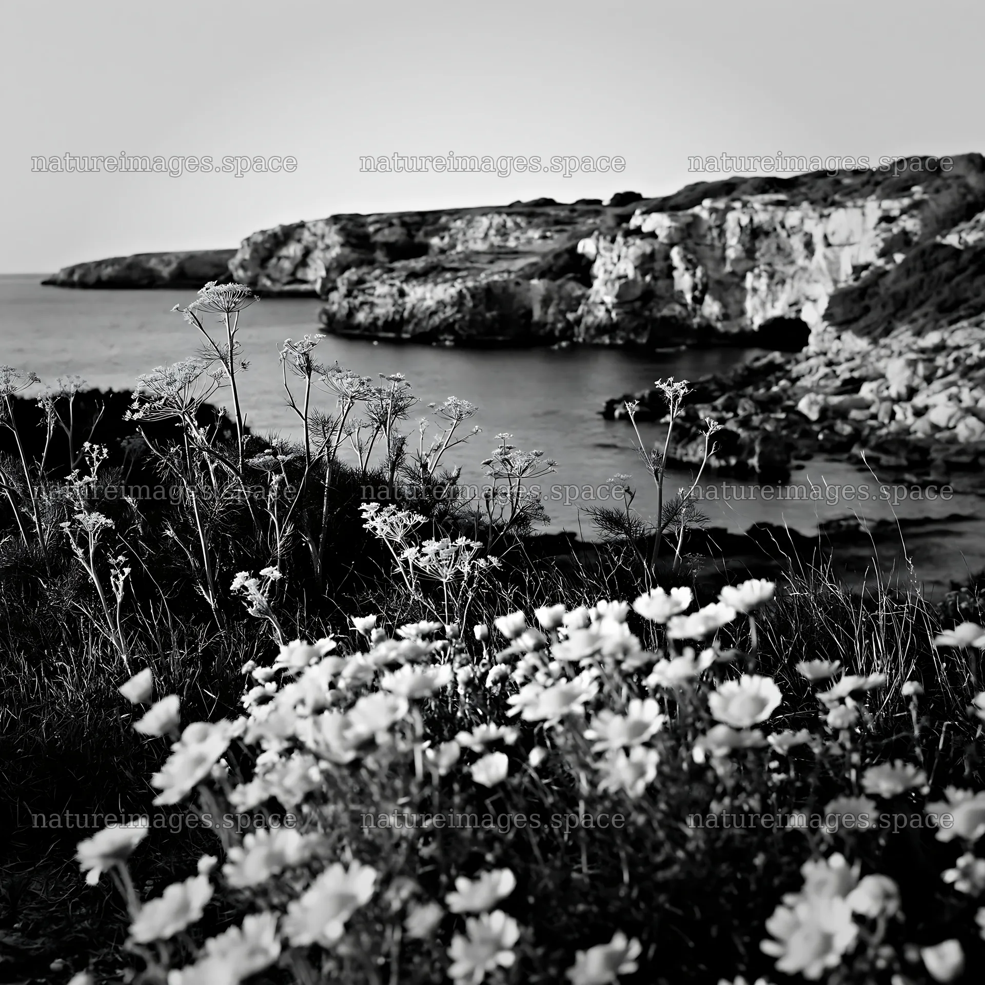 Coastal meadow cliffs with wildflowers in black and white – nature images 7938x7938
