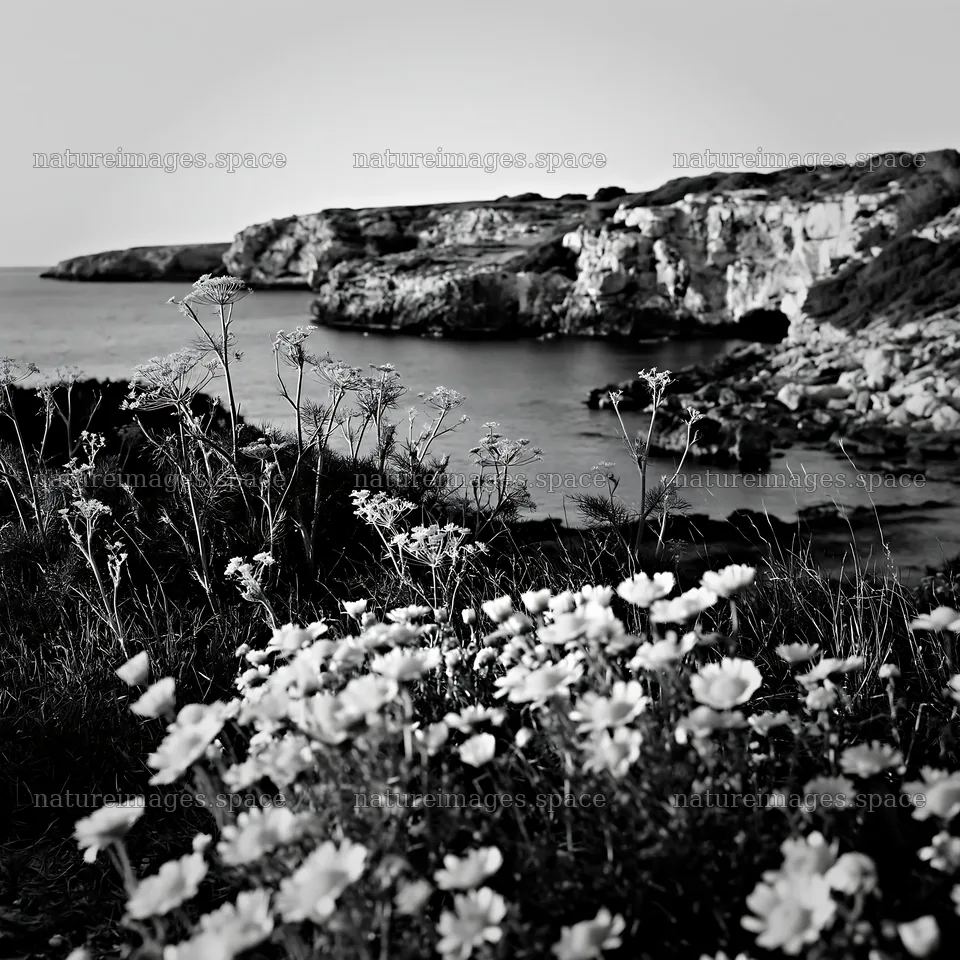 Coastal meadow cliffs with wildflowers in black and white – nature images 7938x7938