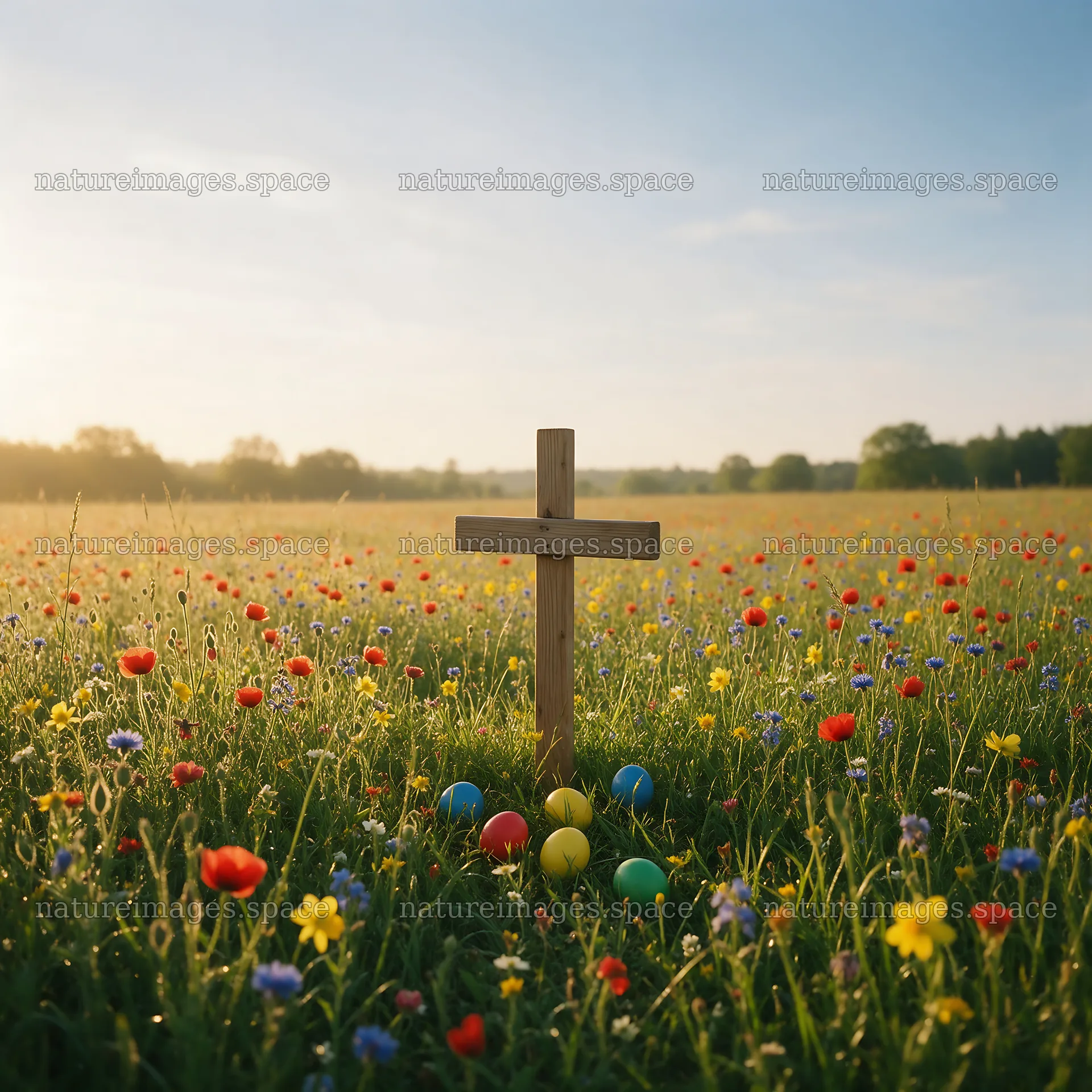 Wooden Christian cross in meadow at sunrise with colorful flowers – nature images 7938x7938