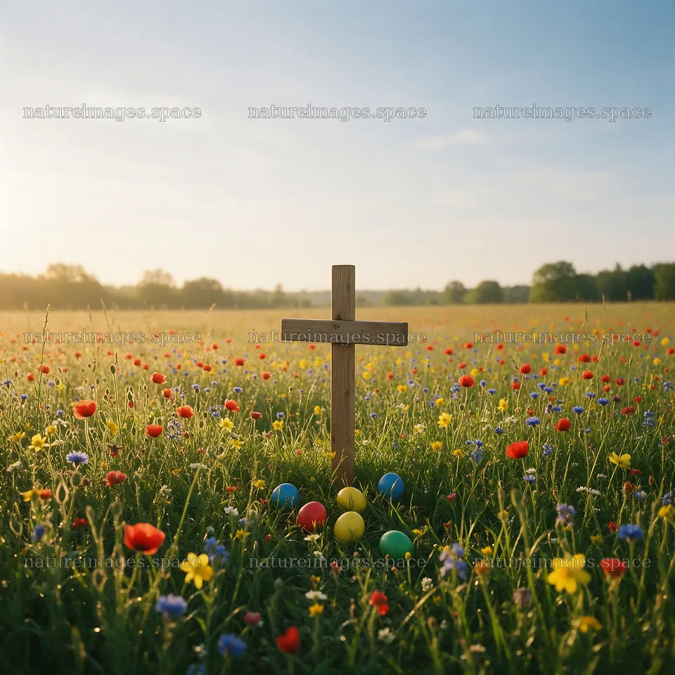 Wooden Christian cross in meadow at sunrise with colorful flowers – nature images 7938x7938