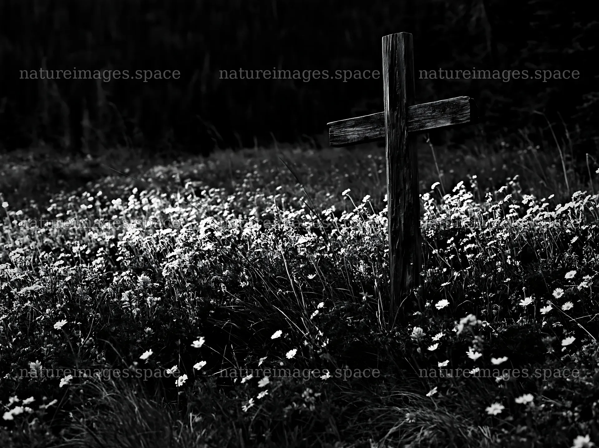 Wooden Christian cross in mountain meadow surrounded by flowers – nature images 9174x6866