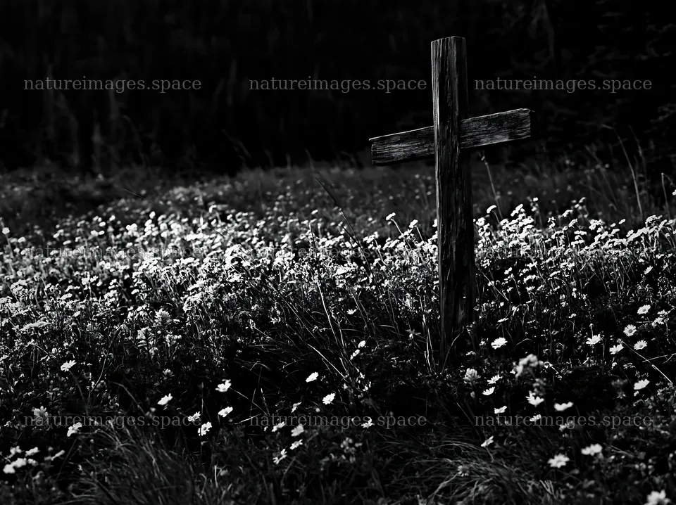 Wooden Christian cross in mountain meadow surrounded by flowers – nature images 9174x6866