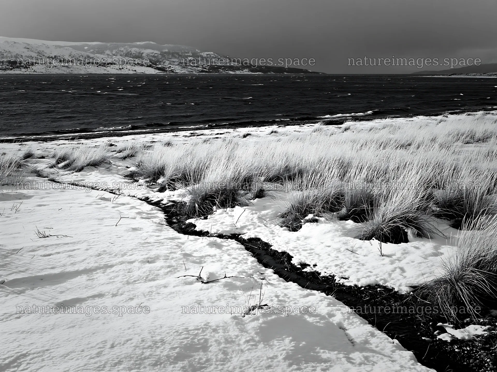 Snowy beach meadow with river and distant hills – nature images 9174x6866