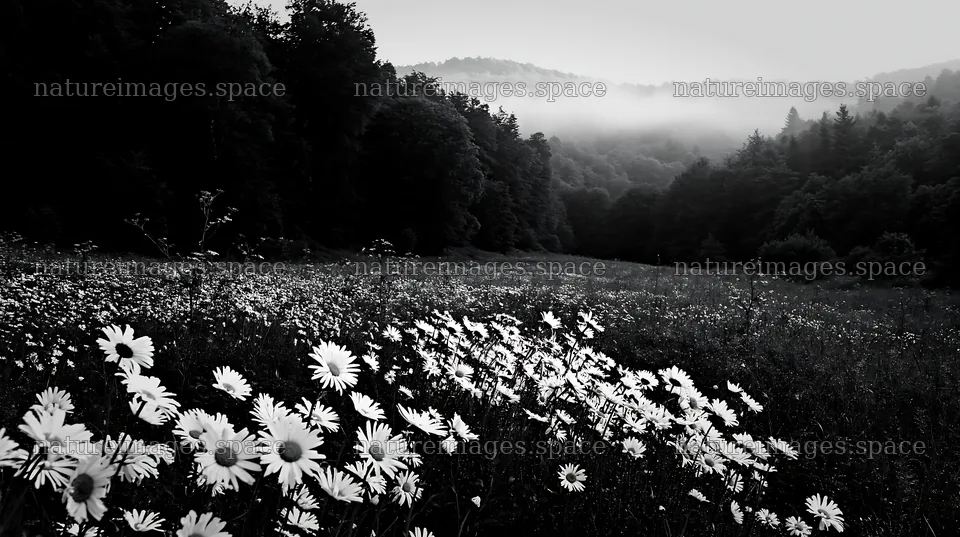 Forest edge meadow with wildflowers and misty mountains – nature images 10608x5938
