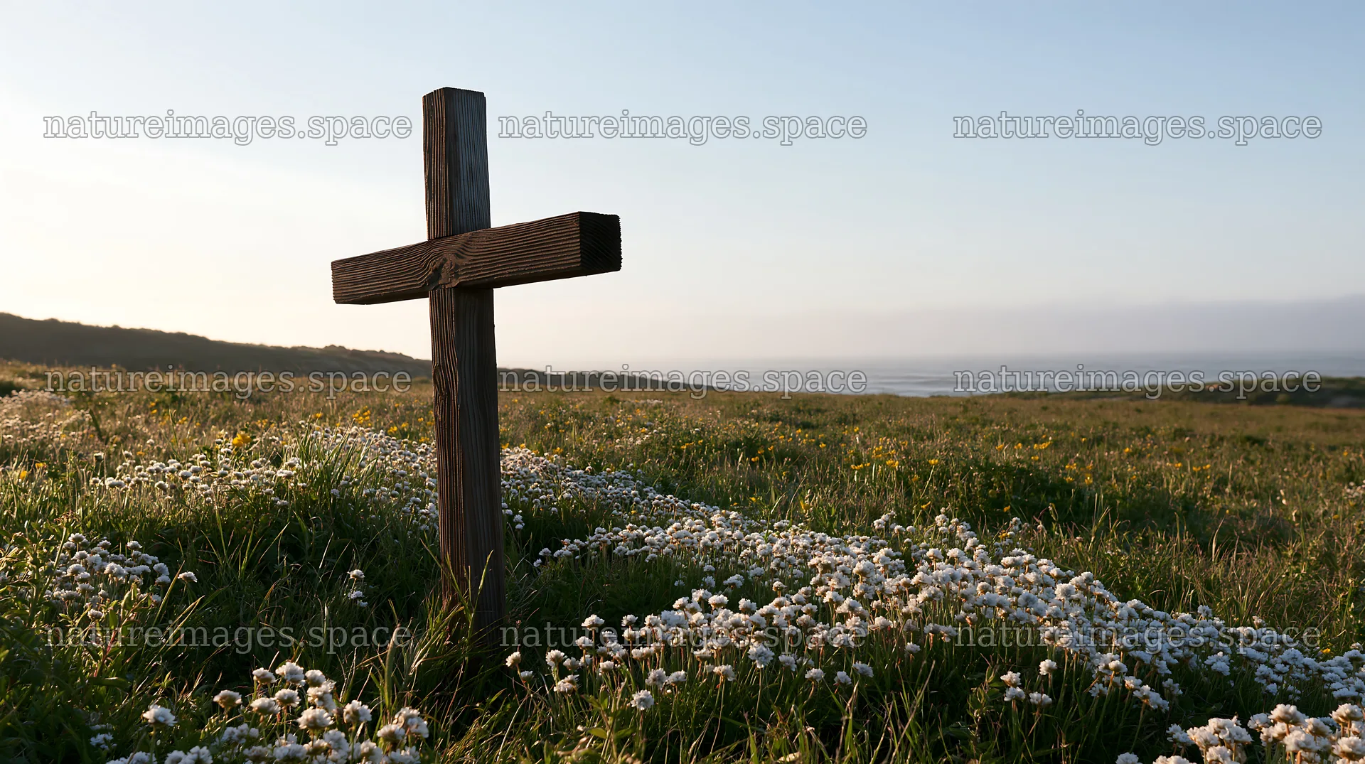 Christian cross in meadow at sunrise – nature images 10608x5938