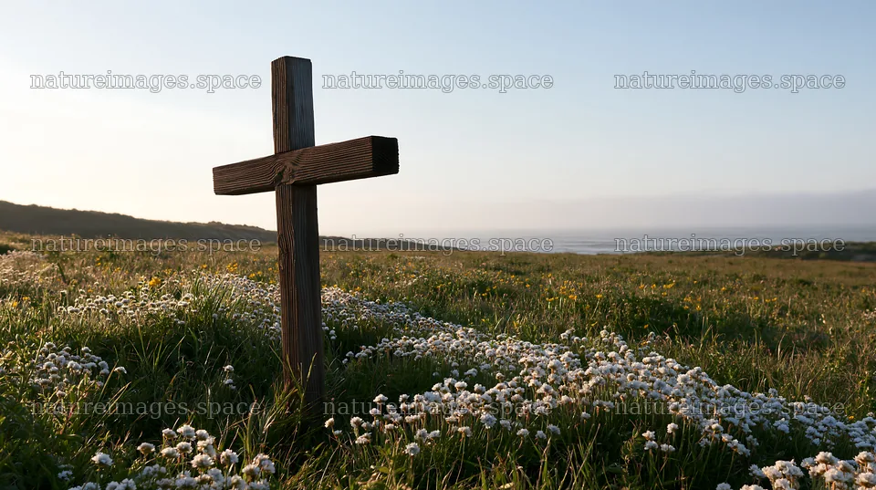 Christian cross in meadow at sunrise – nature images 10608x5938